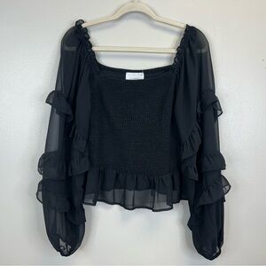 Six/Fifty Black Sheer Ruffled Blouse Womens L Milkmaid Goth Dark Coquette Vamp